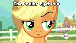 Size: 720x405 | Tagged: applejack, derpibooru import, disapproval, hub logo, reaction image, safe, screencap, solo, suspicious face, the people's eyebrow, the rock, three's a crowd, unconvinced applejack