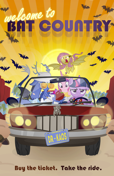 Size: 600x927 | Tagged: safe, artist:pixelkitties, derpibooru import, discord, fluttershy, princess cadance, twilight sparkle, twilight sparkle (alicorn), alicorn, bat, bat pony, draconequus, pony, bats!, three's a crowd, apple, bat country, bat ponified, blue flu, car, convertible, driving, fear and loathing in las vegas, female, flutterbat, flying, food, hunter s. thompson, male, mare, race swap, scepter, sunglasses, twilight scepter