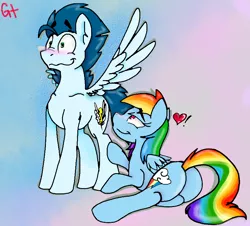 Size: 850x770 | Tagged: suggestive, artist:galienyancats, derpibooru import, rainbow dash, soarin', butt, female, heart, male, plot, shipping, soarindash, spread wings, straight, teasing, wingboner, wings