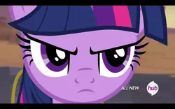 Size: 1280x800 | Tagged: safe, derpibooru import, screencap, twilight sparkle, twilight sparkle (alicorn), alicorn, pony, three's a crowd, angry, dat face, hub logo, solo