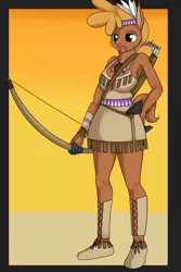 Size: 1200x1800 | Tagged: anthro, armpits, arrow, arrows, artist:hivelordlusa, artist:kloudmutt, axe, bow and arrow, bow (weapon), buffalo, clothes, derpibooru import, dreamcatcher, edit, little strongheart, mask, masking, moccasins, native american, ponyrumi, quiver, safe, solo, tomahawk, weapon