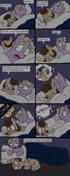 Size: 768x1920 | Tagged: suggestive, artist:strangerdanger, derpibooru import, oc, oc:brann flakes, oc:cookie dough, oc:cookie dough (trottingham), oc:milky way, unofficial characters only, pony, askcookieandbrann, bed, big crotchboobs, comic, crotchboobs, female, huge crotchboobs, implied erection, impossibly large crotchboobs, mare, nudity, pillow, spread wings, wingboner, wings