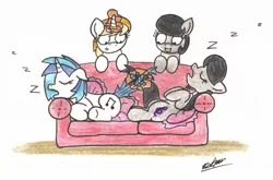 Size: 2070x1366 | Tagged: safe, artist:bobthedalek, derpibooru import, octavia melody, vinyl scratch, oc, oc:mixed melody, oc:octavia's mother, oc:vinyl's mother, earth pony, pony, unicorn, backwards cutie mark, cushion, female, magic, prank, sleeping, up to no good