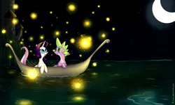 Size: 3590x2168 | Tagged: safe, artist:rinikka, derpibooru import, rarity, spike, firefly (insect), insect, boat, female, male, moon, moonlight, night, shipping, sparity, straight