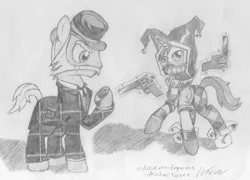 Size: 1024x736 | Tagged: safe, artist:animate-ergonome, derpibooru import, ponified, pony, clothes, crossover, gun, monochrome, mr underwood, suit, timesplitters, viola (timesplitters), watch, weapon