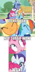 Size: 958x1924 | Tagged: applejack, blue flu, caption, derpibooru import, discord, do not want, group hug, hug, image macro, not sure if want, pinkie pie, rainbow dash, rarity, safe, text, three's a crowd, varying degrees of want, want