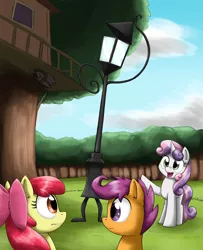 Size: 2353x2903 | Tagged: safe, artist:otakuap, derpibooru import, apple bloom, scootaloo, sweetie belle, the lone lampman, oc, oc:fluffy the bringer of darkness, earth pony, giant moth, insect, moth, pegasus, pony, unicorn, three's a crowd, confused, cutie mark crusaders, eye contact, female, filly, frown, giant insect, lamp, looking at each other, open mouth, pointing, smiling, streetlight