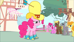 Size: 576x324 | Tagged: safe, derpibooru import, screencap, berry punch, berryshine, carrot top, cheese sandwich, cherry berry, compass star, cosmic (character), cotton cloudy, golden harvest, pinkie pie, star hunter, twilight sky, mouse, pinkie pride, :p, :t, animated, arrow, eyes closed, faic, floppy ears, frown, gif, glare, hat, musical instrument, raised eyebrow, reverse vore, silly face, smiling, tongue out, tuba, vore