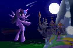 Size: 1600x1050 | Tagged: safe, artist:mechashockwave, derpibooru import, twilight sparkle, twilight sparkle (alicorn), alicorn, pony, canterlot, flying, moon, night, stars