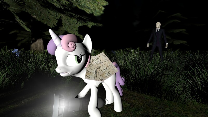 Size: 1920x1080 | Tagged: 3d, derpibooru import, flashlight (object), forest, gmod, pages, safe, scary, slender, slender belle, slenderman, sweetie belle