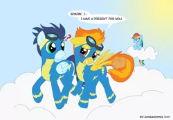 Size: 900x623 | Tagged: artist:gonzahermeg, clothes, derpibooru import, female, food, male, pie, rainbow dash, safe, shipping, soarin', soarinfire, spitfire, straight, that pony sure does love pies, uniform, wonderbolts, wonderbolts uniform