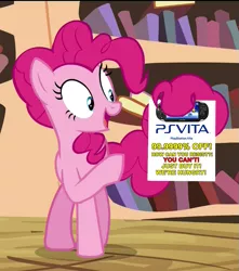 Size: 717x810 | Tagged: derpibooru import, flyer, meme, open mouth, pinkie pie, pinkie's exciting flyer, playstation, playstation vita, prehensile tail, safe, solo, tail, tail hold, three's a crowd