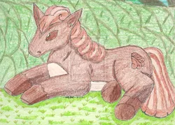 Size: 900x644 | Tagged: safe, artist:farcrydreamer, derpibooru import, ponified, pony, vulpix, field, pokémon, solo, traditional art, watermark