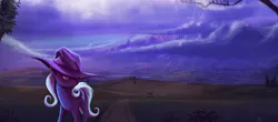 Size: 2880x1268 | Tagged: safe, artist:i-am-knot, derpibooru import, trixie, pony, unicorn, crying, female, mare, rain, sad, scenery, solo, trixie's wagon