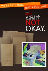 Size: 600x899 | Tagged: safe, derpibooru import, carrot top, derpy hooves, golden harvest, pegasus, pony, clothes, costume, female, mare, nightmare night costume, paper bag, paper bag wizard, parody, we're a culture not a costume