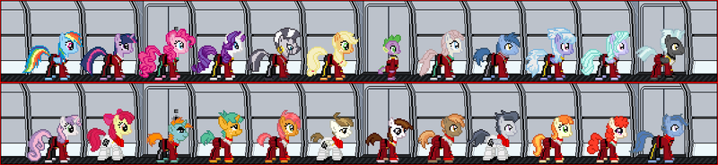 Size: 1200x276 | Tagged: apple bloom, applejack, archer (character), artist:shegomaniac, babs seed, blues, button mash, clothes, cloudchaser, derpibooru import, desktop ponies, featherweight, flitter, fluttershy, hallway, mane six, noteworthy, nurse redheart, pinkie pie, pipsqueak, pixel art, rainbow dash, rarity, red shirt, rumble, safe, scootablue, snails, snips, spaceship, spike, sprite, star trek, sweetie belle, tag-a-long, thunderlane, twilight sparkle, twist, uniform, uss enterprise, zebra, zecora