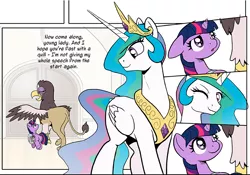 Size: 800x560 | Tagged: safe, artist:muffinshire, derpibooru import, princess celestia, twilight sparkle, oc, oc:gisela, gryphon, comic:twilight's first day, comic, female, filly, muffinshire is trying to murder us, one eye closed, wink, wip