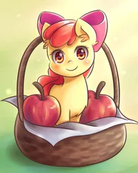Size: 800x1000 | Tagged: safe, artist:ninjaham, derpibooru import, apple bloom, earth pony, pony, :), adorabloom, apple, basket, blushing, bow, cute, female, filly, food, hair bow, looking at you, smiling, solo