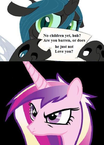 Size: 482x669 | Tagged: barren, chrysalis' note, derpibooru import, exploitable, hilarious in hindsight, infertility, infidelity, infidelity armor, meme, parody, princess cadance, queen chrysalis, safe, shining armor, sign, this will end in pain