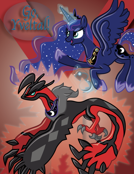 Size: 2545x3295 | Tagged: artist:inkrose98, awesome, badge, crossover, derpibooru import, flying, magic, pointing, pokéball, pokémon, princess luna, safe, smiling, spread wings, wings, yveltal