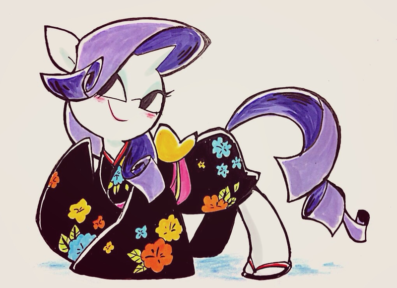 Size: 1020x740 | Tagged: artist:footsam, clothes, derpibooru import, kimono (clothing), pixiv, rarity, safe, solo