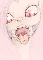 Size: 1622x2254 | Tagged: suggestive, artist:-fuchs-, derpibooru import, fluttershy, bat pony, pony, bats!, bat ponified, colored, drool, fangs, female, flutterbat, gag, looking at you, open mouth, race swap, ring gag, sketch, solo, solo female, tongue out, uvula