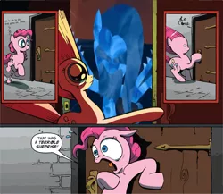 Size: 4661x4051 | Tagged: absurd resolution, chainsaw, comic, derpibooru import, edit, exploitable meme, fluttershy, idw, meme, mobrosstudios, nightmare fuel, obligatory pony, pinkie pie, semi-grimdark, skellington's revenge, surprise door, youtube link, youtube poop