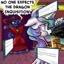 Size: 1280x1280 | Tagged: artist:fauxsquared, ask, clothes, derpibooru import, facial hair, hat, magic, monty python, moustache, princess celestia, princess luna, racism, robe, safe, spanish inquisition, spit take, telekinesis, trixie is magic, tumblr, tumblr:it's always sunny in canterlot