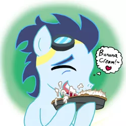 Size: 700x700 | Tagged: artist:ficficponyfic, derpibooru import, eating, food, gluttony, messy eating, pie, safe, soarin', solo, that pony sure does love pies