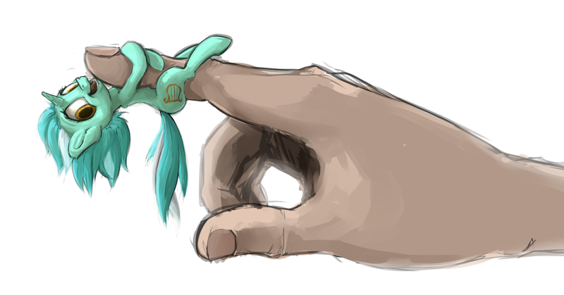 Size: 1759x922 | Tagged: safe, artist:eto ya, derpibooru import, lyra heartstrings, human, pony, clinging, hand, happy, in goliath's palm, micro, tiny, tiny ponies