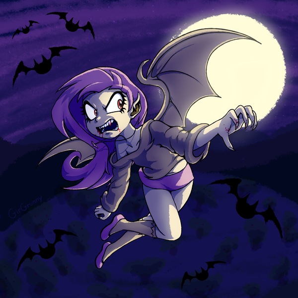 Size: 2300x2300 | Tagged: semi-grimdark, artist:girgrunny, derpibooru import, fluttershy, bat, bat pony, human, vampire, bats!, bat ponified, blood, clothes, flutterbat, flying, humanized, night, off shoulder, race swap, solo, sweater, sweatershy, vertigo, winged humanization, wings