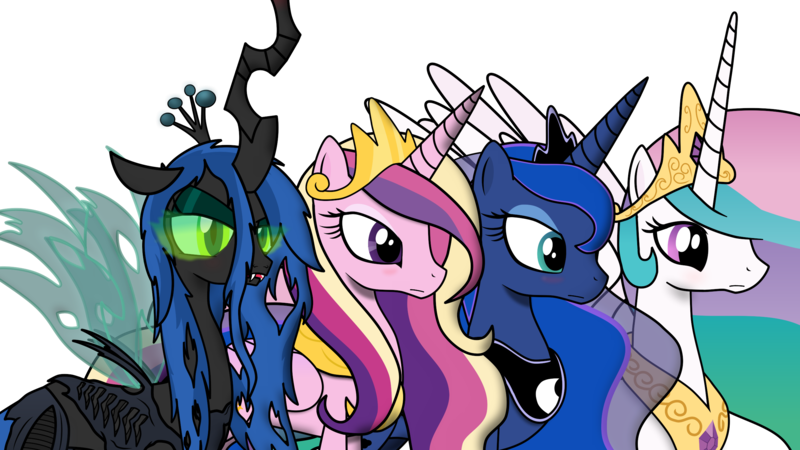 Size: 2560x1440 | Tagged: safe, artist:christiancerda, derpibooru import, princess cadance, princess celestia, princess luna, queen chrysalis, alicorn, alien, changeling, pony, xenomorph, alien (franchise), simple background