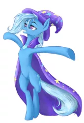 Size: 812x1185 | Tagged: safe, artist:madhotaru, derpibooru import, trixie, pony, bipedal, cape, clothes, grin, hat, smiling, solo, trixie's cape, trixie's hat, wizard hat