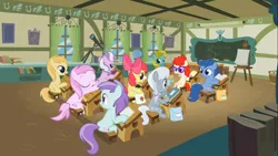 Size: 1366x768 | Tagged: apple bloom, archer (character), call of the cutie, classroom, derpibooru import, diamond tiara, glasses, liza doolots, noi, petunia, piña colada, piña cutelada, ponyville schoolhouse, princess celestia, safe, scootablue, screencap, silver spoon, sun glimmer, tootsie flute, twist