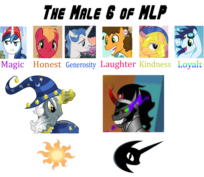 Size: 659x573 | Tagged: safe, derpibooru import, big macintosh, cheese sandwich, fancypants, flash sentry, king sombra, shining armor, soarin', star swirl the bearded, earth pony, pony, alternate mane six, element of loyalt, male, male 6, meme, stallion