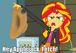 Size: 1016x720 | Tagged: safe, derpibooru import, applejack, sunset shimmer, equestria girls, applejack's hat, caption, cowboy hat, exploitable meme, hat, meme, solo, sunset is disgusted, this will end in pain, this will end in tears