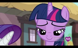 Size: 1680x1050 | Tagged: safe, derpibooru import, screencap, rarity, twilight sparkle, twilight sparkle (alicorn), alicorn, pony, simple ways, female, hub logo, lidded eyes, mare