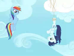 Size: 1024x776 | Tagged: safe, artist:rulette, derpibooru import, rainbow dash, soarin', backwards cutie mark, bondage, crossed hooves, eye contact, female, flying, food, frown, glare, hanging, looking at each other, male, pie, rope, shipping, soarindash, straight, tied up, upside down