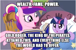 Size: 1024x683 | Tagged: safe, deleted from derpibooru, derpibooru import, princess cadance, twilight sparkle, alicorn, pony, unicorn, bedtime, bedtime story, book, cadance's bedtime stories, duo, exploitable meme, female, filly, looking up, meme, one piece, storybook, text, tucking in, younger