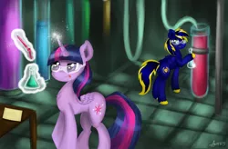 Size: 2350x1540 | Tagged: safe, artist:zephyr093, derpibooru import, twilight sparkle, twilight sparkle (alicorn), oc, oc:zephyr, alicorn, pony, canon x oc, female, goggles, magic, mare, science, twiphyr