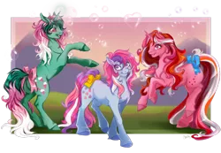 Size: 1280x888 | Tagged: safe, artist:cigarscigarettes, derpibooru import, fizzy, galaxy (g1), sweet stuff, earth pony, pony, twinkle eyed pony, unicorn, bow, bubble, cute, female, fizzybetes, g1, galaxydorable, mare, rearing, sweet sweet stuff, tail bow, trio