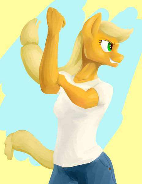 Size: 1000x1294 | Tagged: anthro, applejack, artist:pashoo, derpibooru import, rosie the riveter, safe, solo, we can do it!