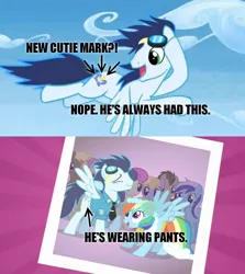 Size: 1024x1147 | Tagged: clothes, cutie mark, derpibooru import, headcanon, new cutie mark, old cutie mark, pants, rainbow dash, safe, soarin'