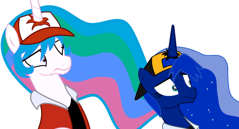 Size: 2999x1621 | Tagged: artist:2snacks, artist:razorxpro, clothes, derpibooru import, do not want, gold (pokemon), hat, pokémon, pokémon snap, princess celestia, princess luna, red (pokémon), safe, simple background, trainer red, transparent background, two best sisters play, vector