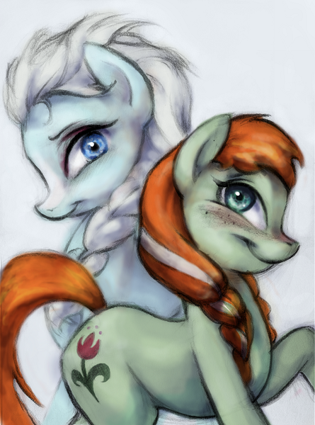 Size: 500x674 | Tagged: safe, artist:carlotta-guidicelli, derpibooru import, ponified, pony, anna, blushing, braid, crossover, elsa, freckles, frozen (movie), looking at you, profile, raised hoof, smiling