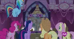 Size: 1152x606 | Tagged: safe, derpibooru import, edit, edited screencap, screencap, applejack, fluttershy, pinkie pie, rainbow dash, twilight sparkle, twilight sparkle (alicorn), alicorn, pony, simple ways, caption, female, mare, meme, youtube caption