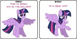 Size: 750x380 | Tagged: safe, derpibooru import, twilight sparkle, twilight sparkle (alicorn), alicorn, pony, bored, female, frown, glare, grin, mare, monday, raised hoof, smiling, spread wings, wings