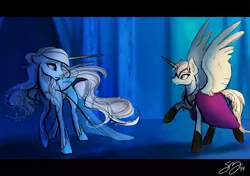 Size: 1280x899 | Tagged: safe, artist:probablyfakeblonde, derpibooru import, ponified, pony, anna, boots, cloak, clothes, dress, elsa, eye contact, floppy ears, frown, frozen (movie), looking at each other, see-through, shoes, spread wings, wings