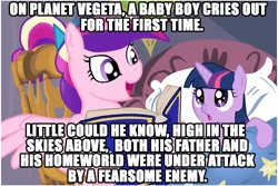Size: 1024x683 | Tagged: safe, deleted from derpibooru, derpibooru import, princess cadance, twilight sparkle, alicorn, pony, unicorn, bed, bedtime story, blanket, book, cadance's bedtime stories, dragon ball, dragon ball z kai, duo, exploitable meme, female, filly, looking up, meme, storybook, text, tucking in, vegeta, younger