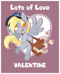 Size: 1181x1471 | Tagged: safe, artist:frogmakesart, derpibooru import, derpy hooves, pony, flying, holiday, mail, mailbag, mailmare, mailpony, solo, valentine, valentine's day